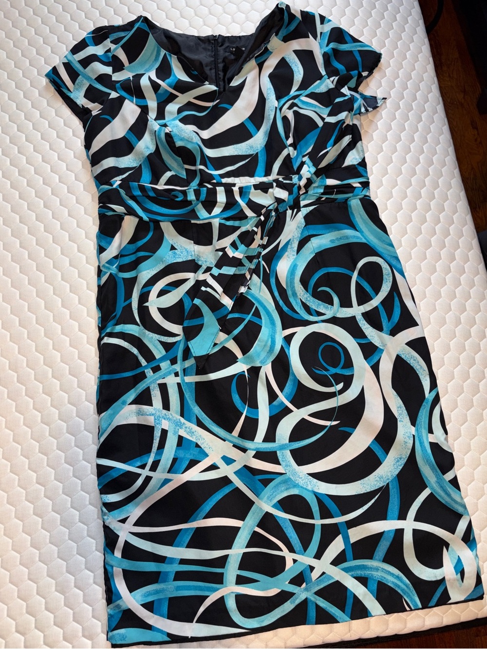 Black Midi Dress with Teal & White Swirl Print